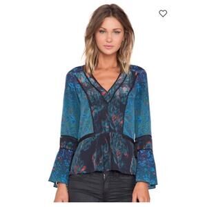 MARCHESA VOYAGE Silk Blue Feather Patchwork Peplum Blouse SZ L BOHO ARTSY FLAWED